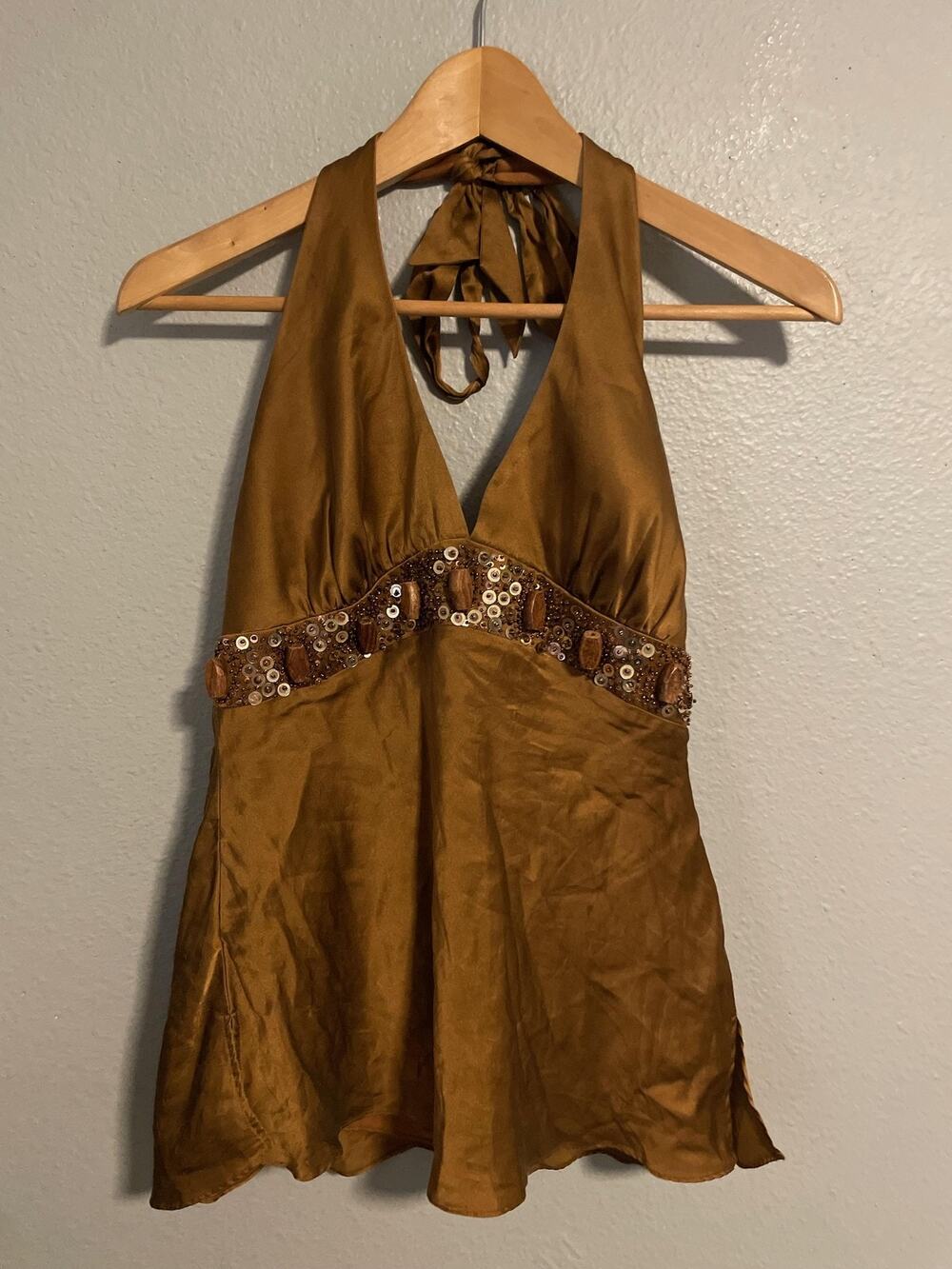 VTG Cache Top Womens 10 Brown Silk Satin Halter Sequin Babydoll Camisole Y2K